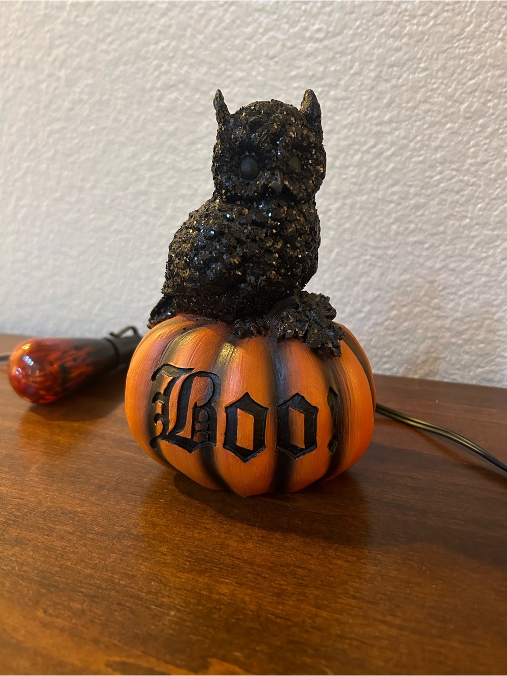 Halloween Owl on Pumpkin Accent - Black Owl on Orange Pumpkin Halloween Decor